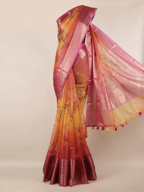 

Pothys Yellow & Pink Tissue Printed Saree