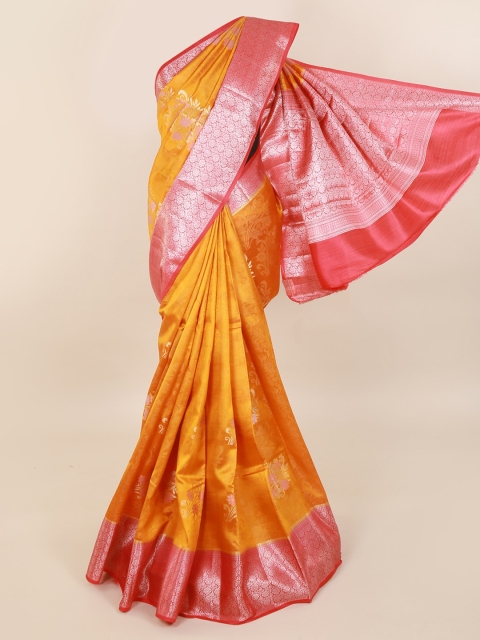 

Pothys Mustard Yellow & Pink Pure Silk Woven Design Saree