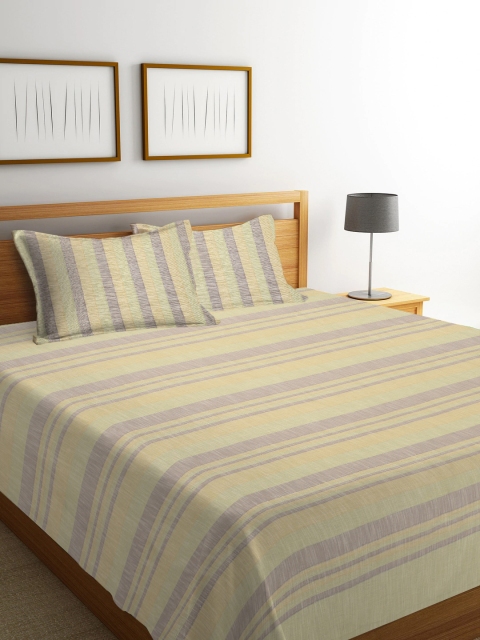 

NEUDIS Beige & Green Striped Hand Woven Double Bedsheet with 2 Pillow Covers