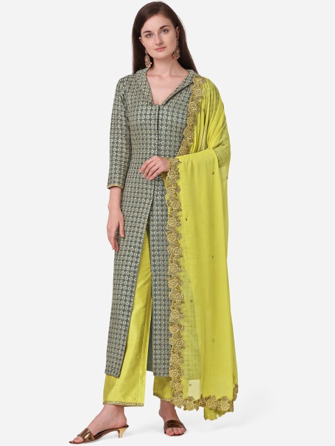 

NAKKASHI Grey & Lime Green Poly Georgette Semi-Stitched Dress Material