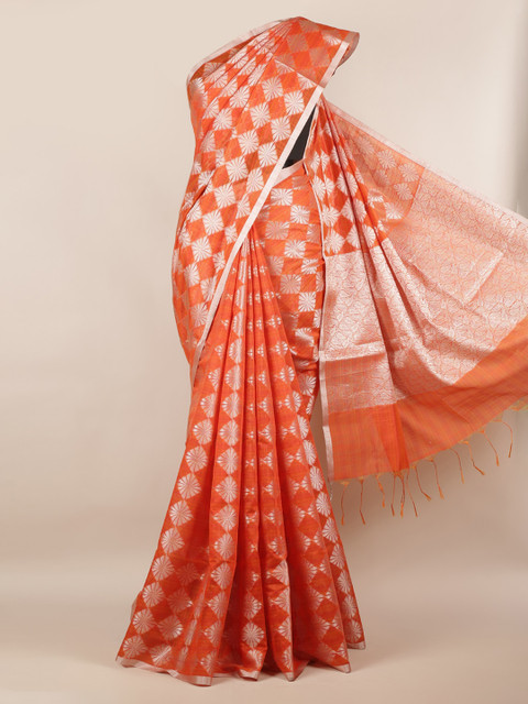 

Pothys Orange & Silver-Coloured Cotton Blend Woven Design Saree