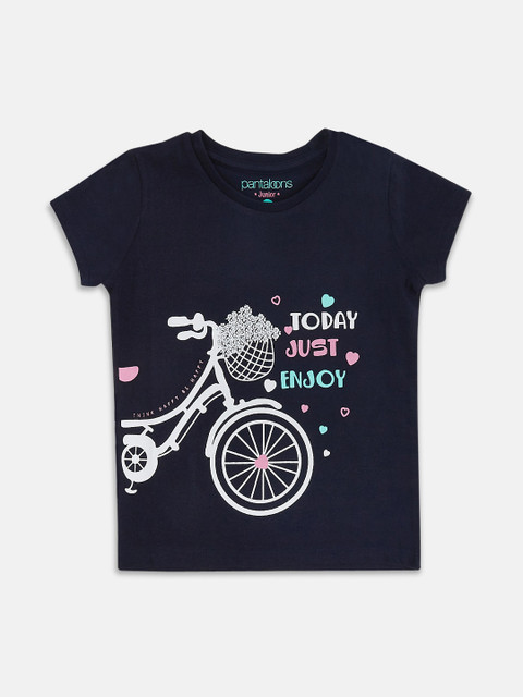 

Pantaloons Junior Girls Navy Blue Printed Round Neck Pure Cotton T-shirt