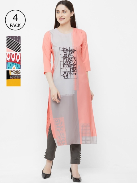 

7Threads Pack Of 4 Printed Crepe Round Neck Regular Sleeves Kurtas, Yellow