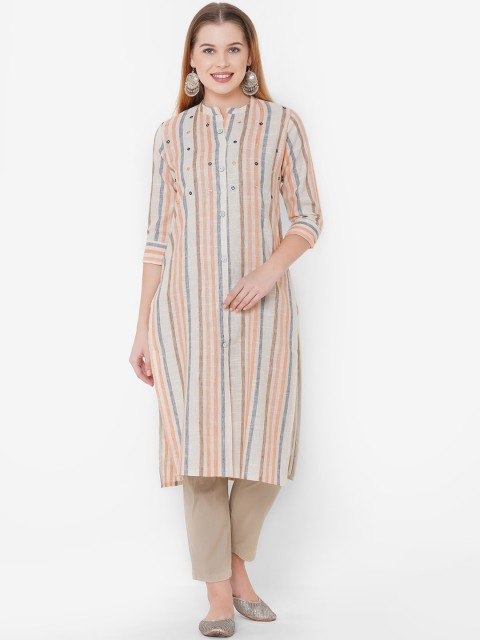 

TANKHI Women Cream-Coloured Striped Thread Work Kurta