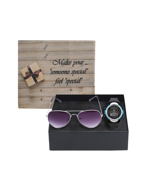 

Fantasy World Kids Sunglasses & Watch Gift Set FWGiftset176-AVI_BKSL-YS02-S.BL01, Black