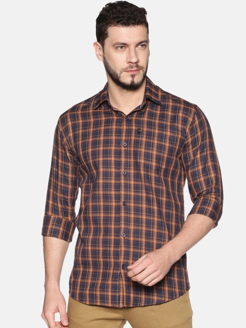 

LEVIZO Men Navy Blue & Yellow Regular Fit Checked Casual Shirt