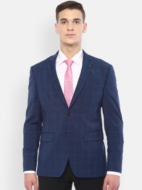 

Louis Philippe Permapress Men Navy Blue Checked Slim-Fit Single-Breasted Formal Blazer