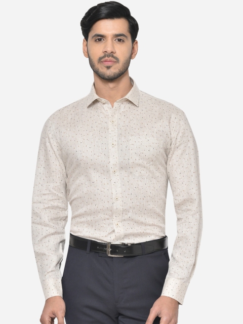 

JADE BLUE Men Off-White & Brown Regular Fit Printed Linen Formal Shirt