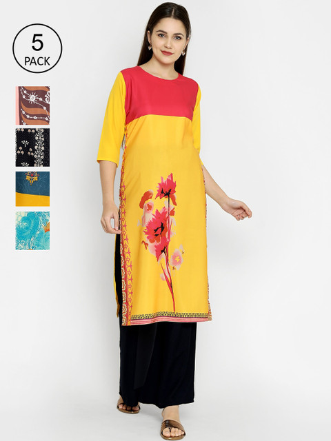 

7Threads Pack of 5 Printed Crepe Straight Kurtas, Yellow