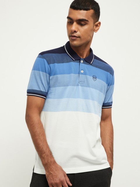 

max Men Blue & White Striped Polo Collar T-shirt