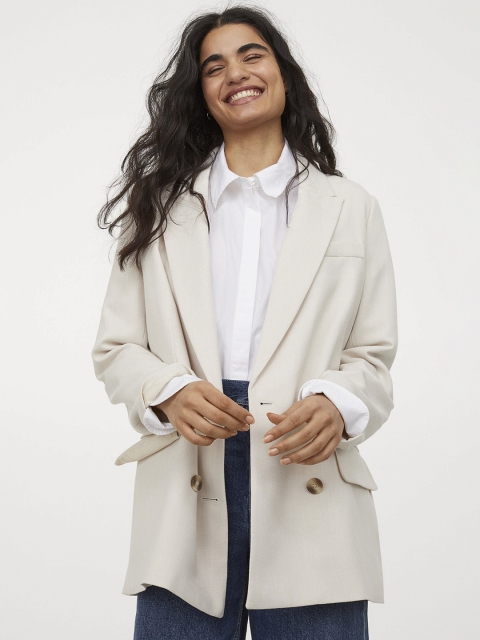 

H&M Women Beige Solid Double-Breasted Jacket