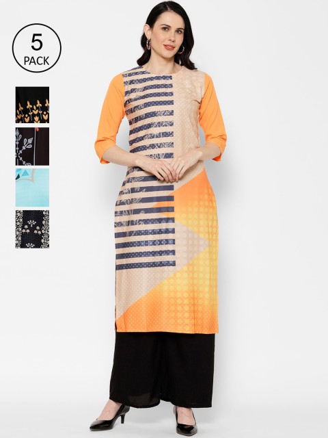 

7Threads Pack of 5 Printed Crepe Straight Kurtas, Orange