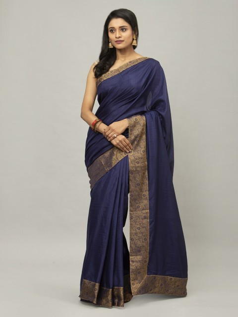 

Satrani Navy Blue Poly Silk Solid Banarasi Saree