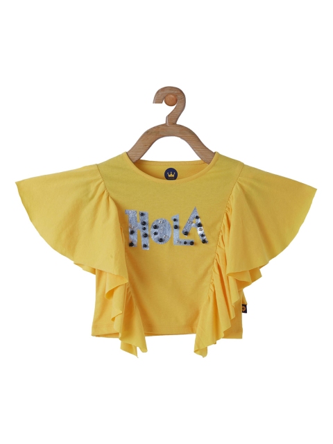 

VITAMINS Girls Yellow Embellished Batwing Sleeves Pure Cotton Top