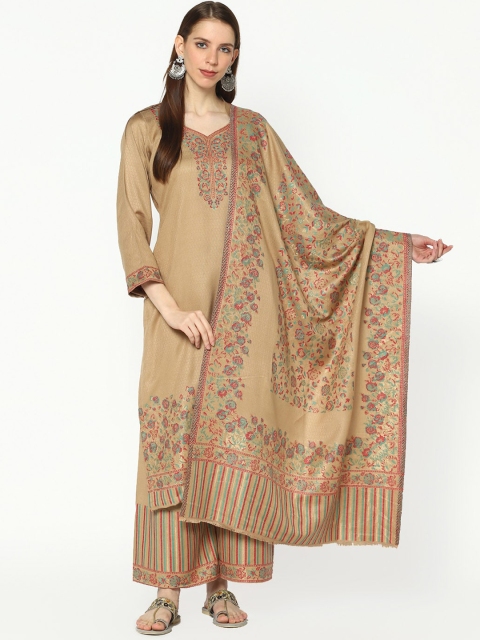 

Safaa Women Camel Viscose Acrylic Wool Woven Unstitched Suit With Heavy Kani Zari Dupatta For Winter, Camel brown