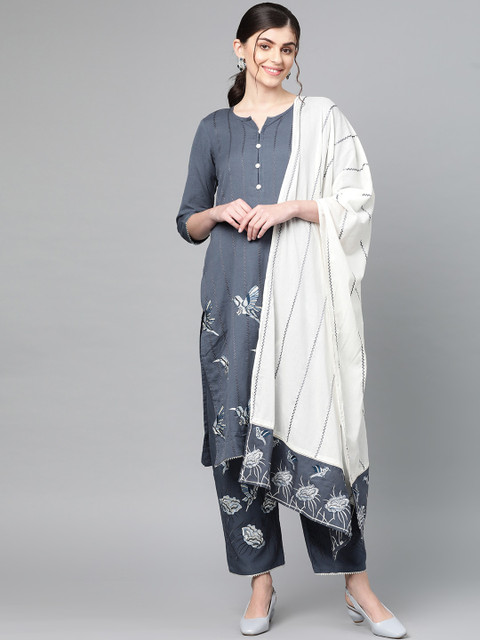 

Ishin Women Grey & White Embroidered Kurta with Palazzos & Dupatta