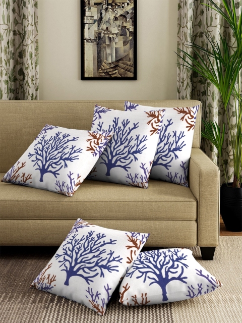 

NEUDIS White & Blue Set of 5 Floral Square Cushion Covers