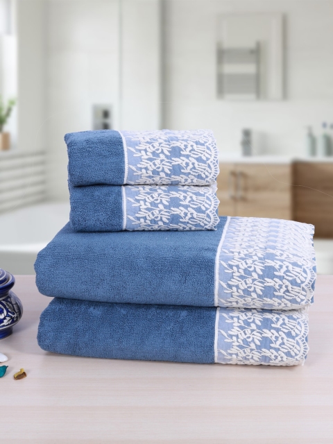 

RANGOLI Set Of 4 Blue & White Embroidered 550 GSM Towels