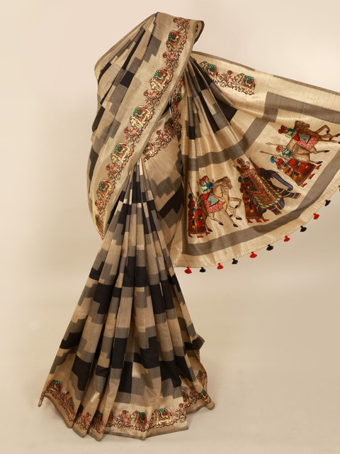 

Pothys Cream-Coloured & Black Pure Silk Checked Saree