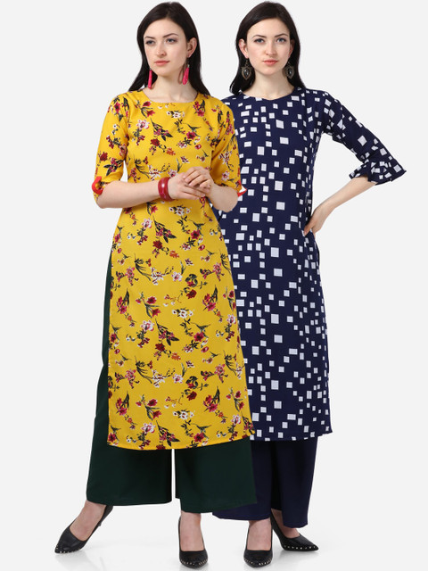 

Florence Women Multicoloured Floral Printed Crepe Kurta Pack of 2, Multi
