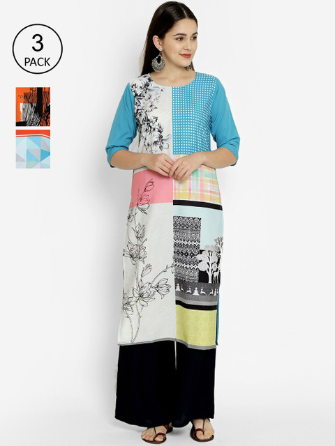 

7Threads Pack Of 3 Printed Crepe Kurta, Multi