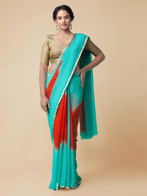 Unnati Silks Turquoise Blue & Red Pure Chiffon Printed Patola Saree