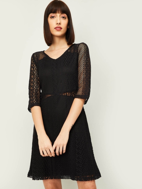 

CODE by Lifestyle Women Black Floral Self Design Lace A-Line Dress
