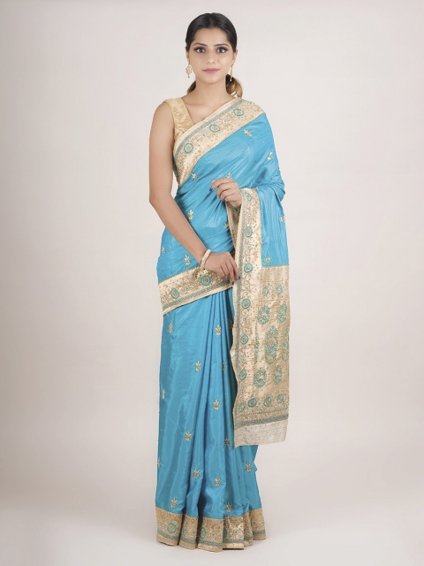 

Pothys Turquoise Blue & Beige Pure Georgette Embroidered Saree