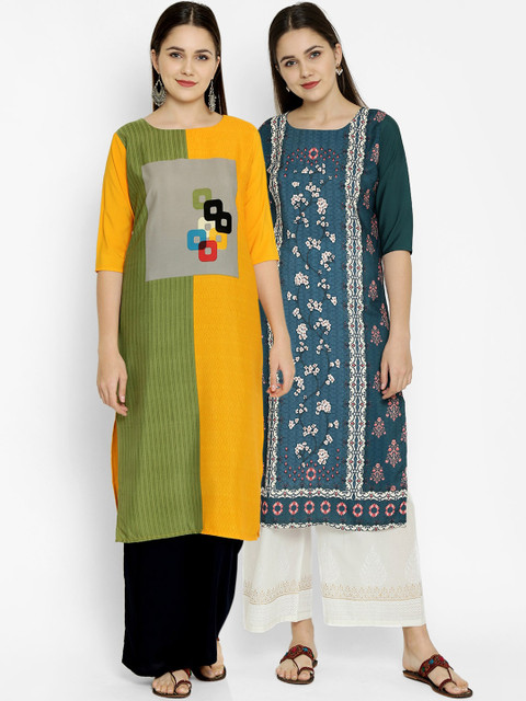 

7Threads Women Multicoloured Colourblocked Crepe Kurta Pack of 2, Multi