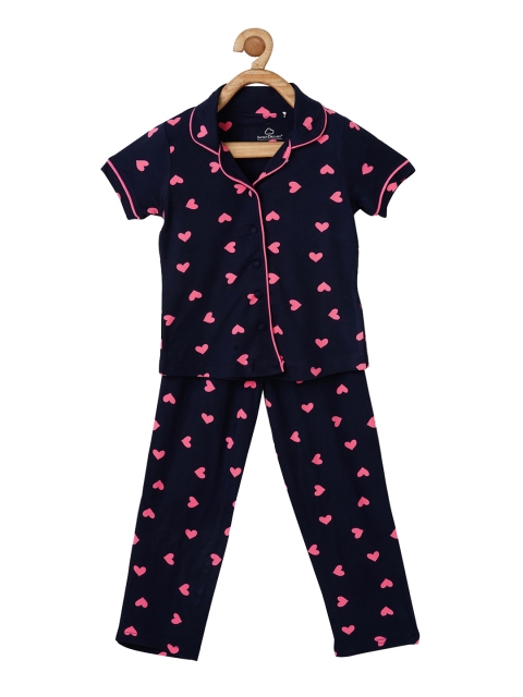 

Sweet Dreams Girls Navy Blue & Pink Printed Night suit