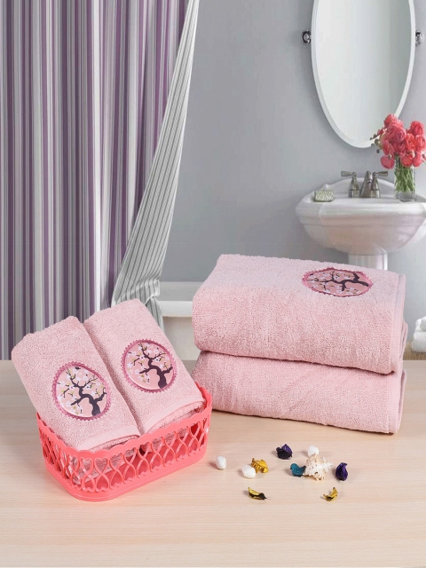 

RANGOLI Unisex Set of 4 Pink & Beige Solid 550 GSM Towels