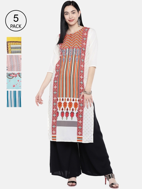 

7Threads Women Pack of 5 Multicoloured Ethnic Motifs Kurtas, Multi