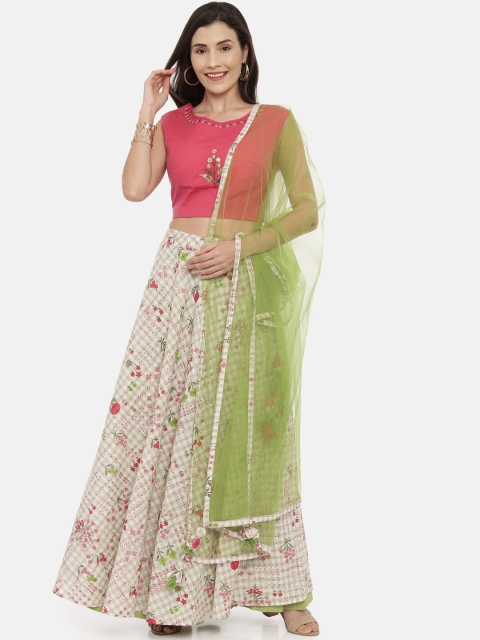 

Neerus Pink & Green Embroidered Ready to Wear Lehenga & Blouse with Dupatta