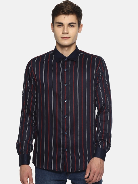 

COUPER & COLL Men Navy Blue & Red Slim Fit Striped Cotton Casual Shirt