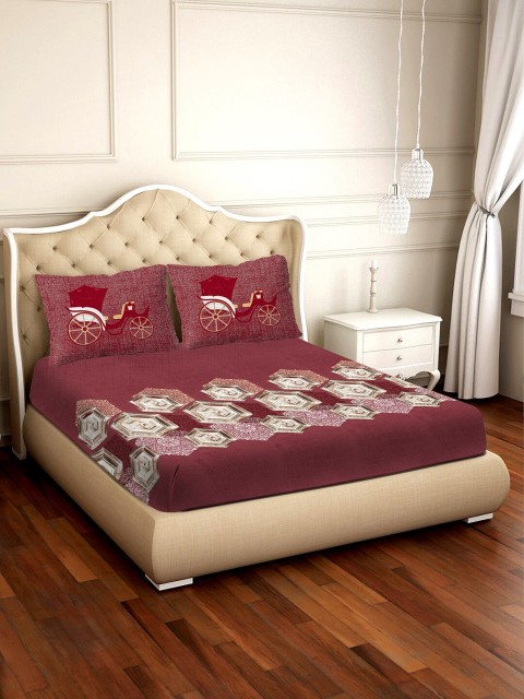 

BELLA CASA Burgundy & Off-White Geometric 300 TC Cotton 1 King Bedsheet with 2 Pillow Covers