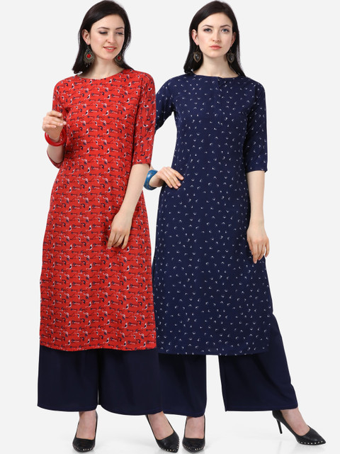 

Florence Red & Navy Blue Pack of 2 Quirky Printed Crepe Kurta