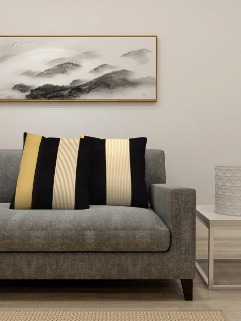 

NEUDIS Black & Yellow Set of 2 Striped Square Cushion Covers