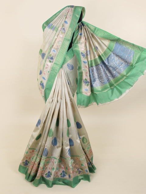 

Pothys Cream-Coloured & Green Pure Silk Woven Design Saree