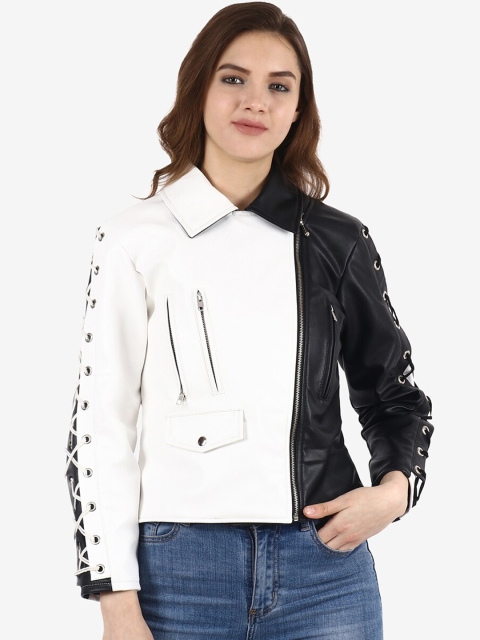 

Diwaah Women White & Black Colourblocked Biker Jacket