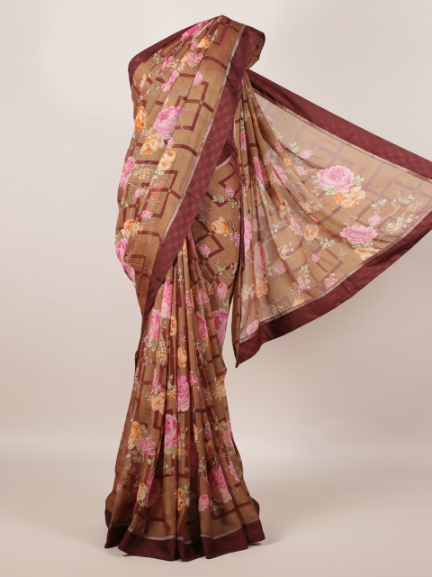 

Pothys Brown Floral Printed Poly Georgette Saree