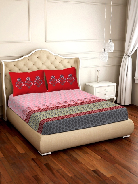 

BELLA CASA Pink & Red Floral 300 TC Cotton 1 King Bedsheet with 2 Pillow Covers