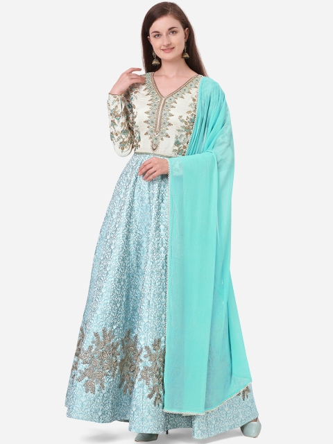 

NAKKASHI Blue & Beige Raw Silk Semi-Stitched Dress Material