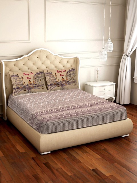 

BELLA CASA Grey & Beige Abstract 300 TC Cotton 1 King Bedsheet with 2 Pillow Covers