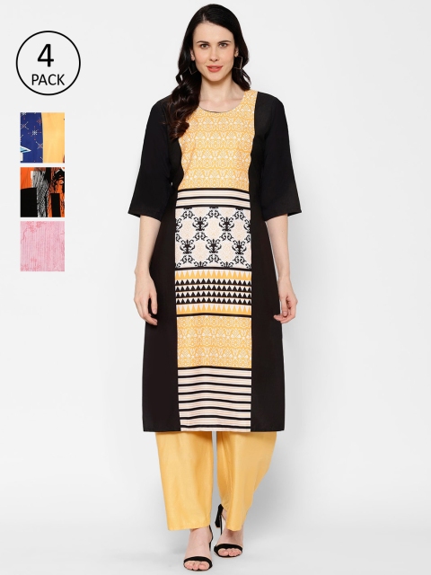 

7Threads Pack Of 4 Printed Crepe Round Neck Regular Sleeves Kurtas, Black