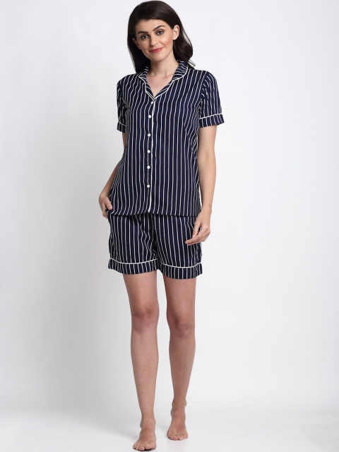 

NEUDIS Women Navy Blue & White Striped Night Suit