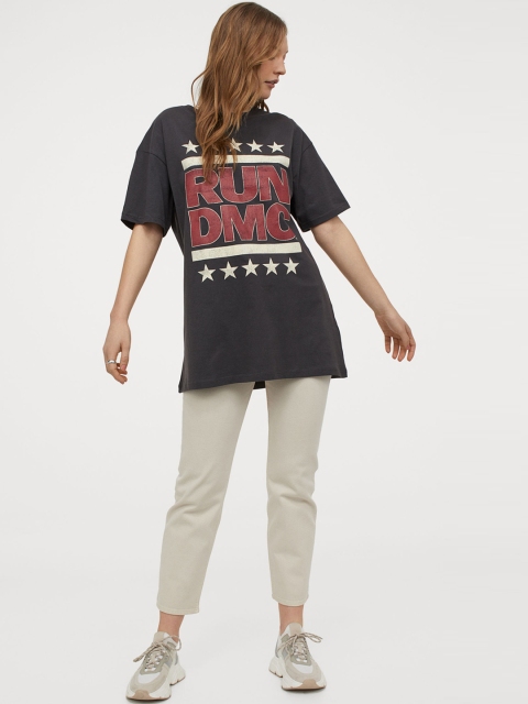 

H&M Women Grey Oversized Motif-Detail T-shirt