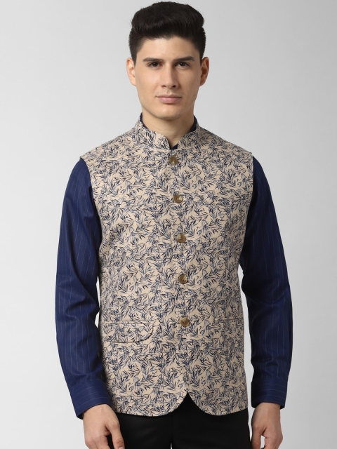 

Peter England Elite Men Beige & Navy Blue Printed Nehru Jacket