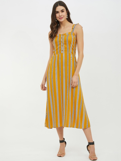 

Harpa Women Mustard Striped Fit and Flare Dress