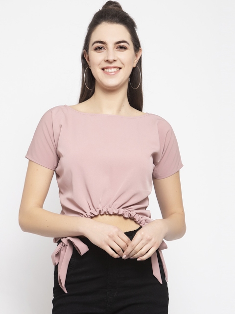EMBLAZE Women Pink Solid Boat Neck Crop Top