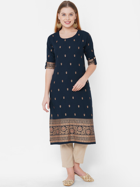 

TANKHI Women Navy Blue Floral Printed Kurta
